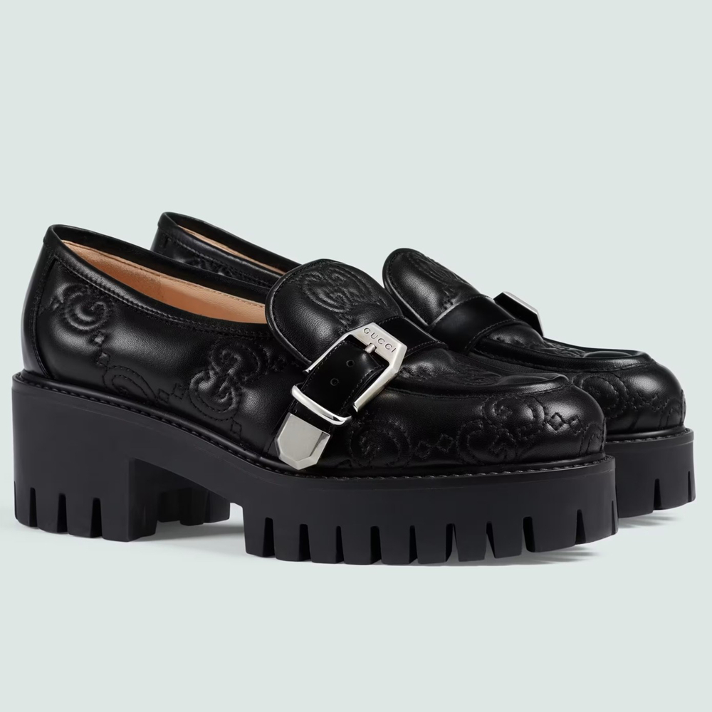 Gucci Women's Lug Sole Loafers in Black Matelasse Leather Leather GGSS24123