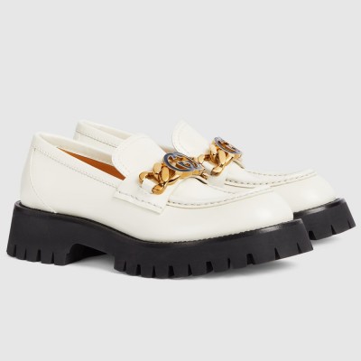 Gucci Women's Lug Sole Loafers in White Leather with Enameled G GGSS24124