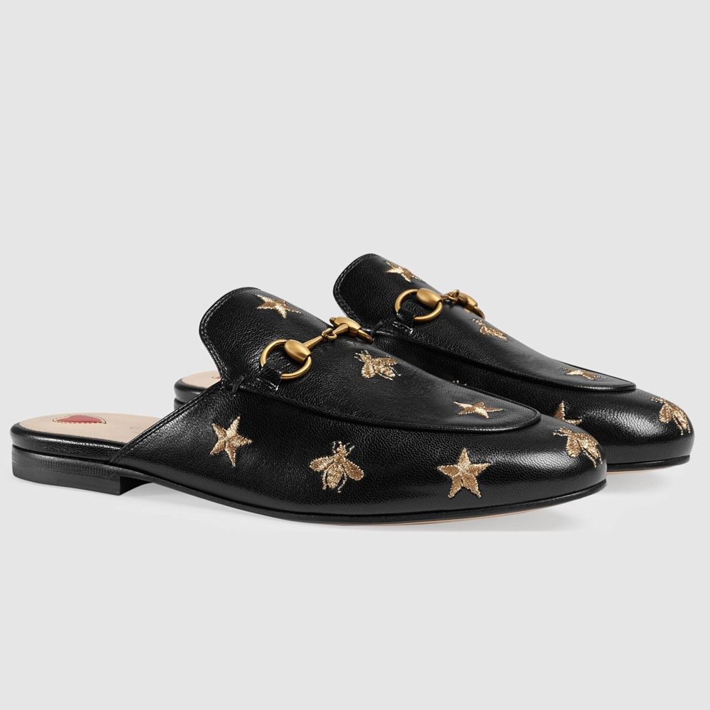 Gucci Women's Princetown Slippers in Black Leather with Bees and Stars GGSS24291