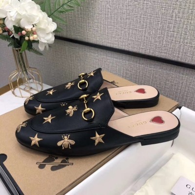 Gucci Women's Princetown Slippers in Black Leather with Bees and Stars GGSS24291