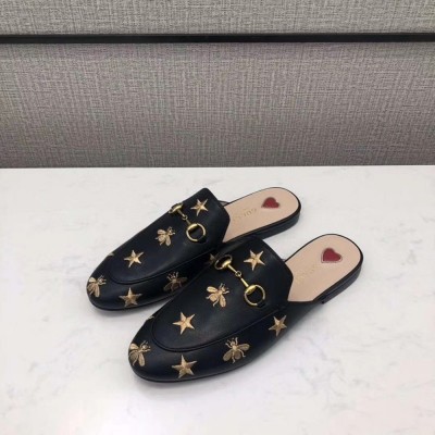 Gucci Women's Princetown Slippers in Black Leather with Bees and Stars GGSS24291