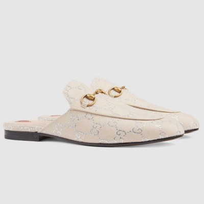 Gucci Women's Princetown Slippers in White GG Lame Fabric GGSS24292