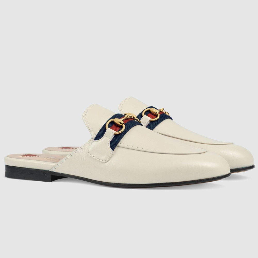 Gucci Women's Princetown Slippers in White Leaher with Horsebit GGSS24294