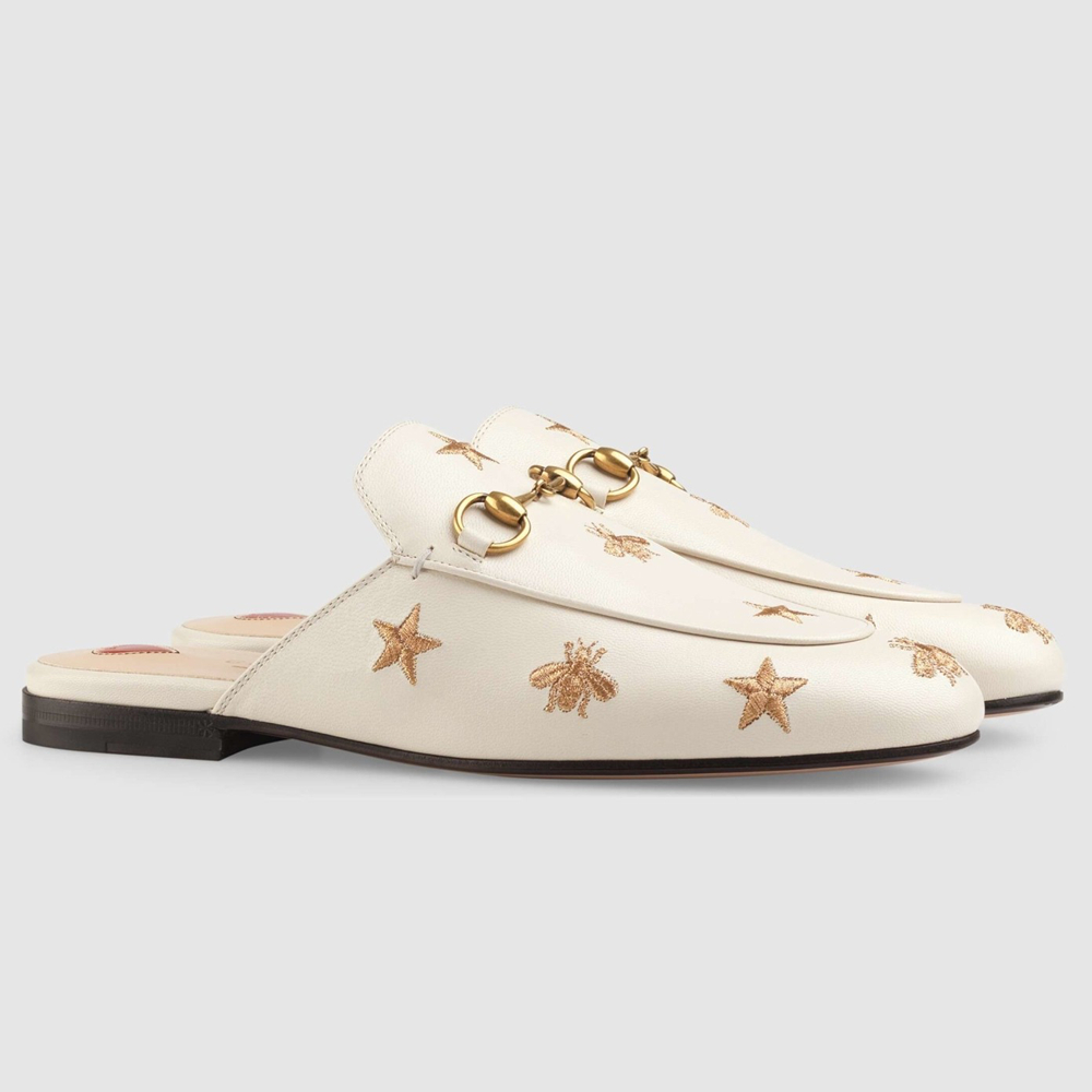 Gucci Women's Princetown Slippers in White Leather with Bees and Stars GGSS24296