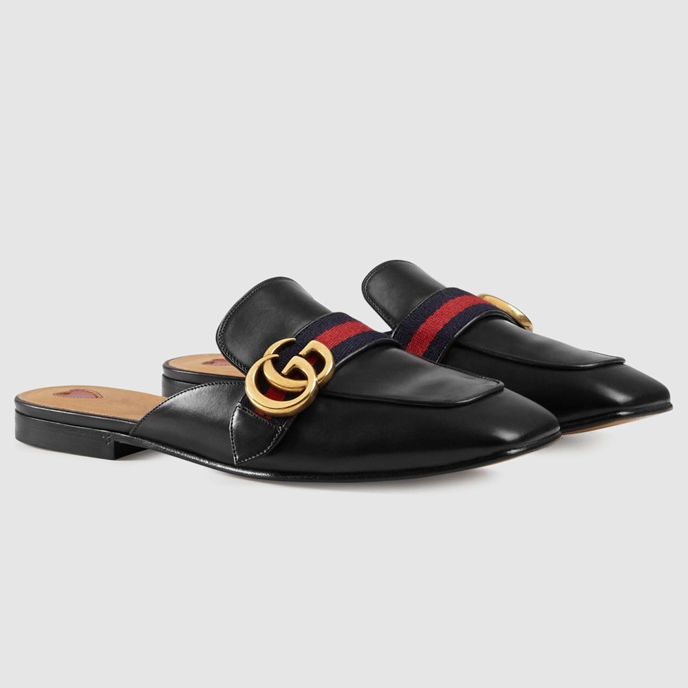 Gucci Women's Slippers in Black Leaher with Signature Web GGSS24298