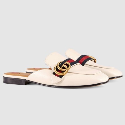 Gucci Women's Slippers in White Leaher with Signature Web GGSS24301