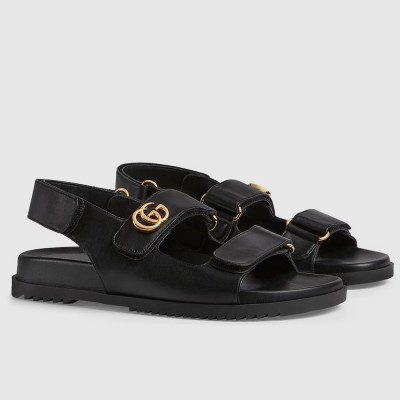 Gucci Women's Velcro Sandals in Black Leather with Double G GGSS24235