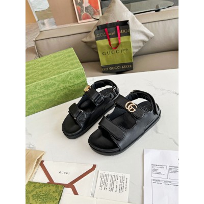 Gucci Women's Velcro Sandals in Black Leather with Double G GGSS24235