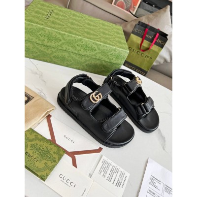 Gucci Women's Velcro Sandals in Black Leather with Double G GGSS24235